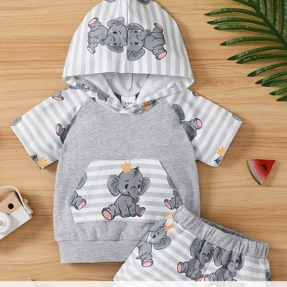 Adorable Baby Boys 2pcs Elephant=Print Hoodie and Shorts Set 3-6M-18-24M - Picture 1 of 7